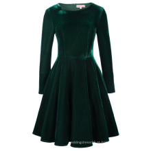 Belle Poque Retro Vintage Inverno Long Sleeve Crew Neck Dark Green Velvet Swing Dress BP000358-1